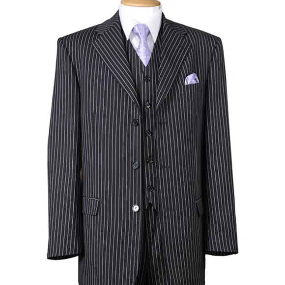 Mens 3 Button Notch Lapel Bold Pinstripe Suit in Black - Picture 1 of 2